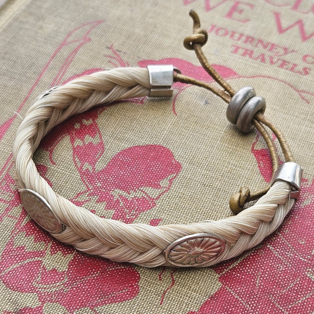 Braided Horsehair Bracelet Blonde Cream Western Silver Concho Leather Adjustable